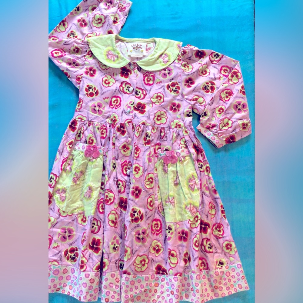 Beautiful pansy print dress with collar and pockets.